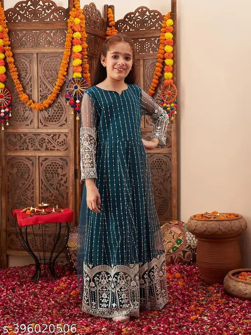 Teal embroidered maxi dress for girls, polyester with long sleeves and intricate net pattern. Girls ages 8-9 (28in bust, 45in length), 10-11 (30in bust, 47in length), or 15-16 (35in bust, 49in length). Made in India