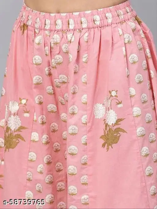 Pink cotton kurta and palazzo: printed net ethnic wear set with straight style and elastic waistband