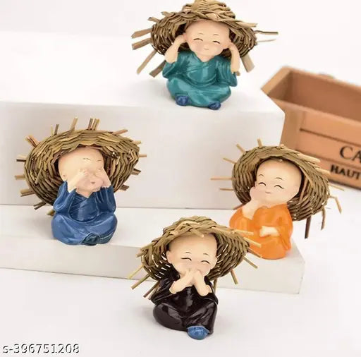 Trading Polyresin Monk Hat Buddha Idols Set of 4 - Indian art for car dashboard accessories and home decor