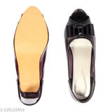 Glossy patent leather women's slip-on peep toe pumps with medium chunky heel and cute bow detail, ideal for various occasions. Indian-made