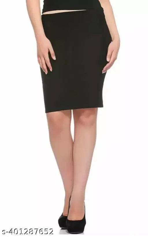 RF Women's Solid Lycra Stretchable Midi Pencil Skirt - High-quality polyester net, elastic waist band, colorfast, suitable for office, function, and party. Available sizes: 26 (26in/19in), 28 (28in/19in), 30 (30in/19in), 32 (32in/20in), 34 (34in/20in), 36 (36in/20in). Made in India