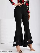 Black cotton blend regular fit women's trousers with flared style and net detail, perfect for a stylish everyday look