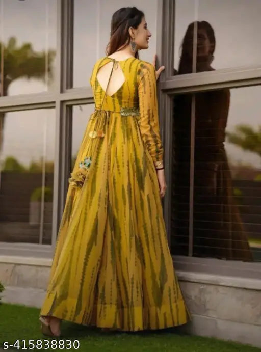 Georgette printed V-neck ankle length gown with belt, long sleeves - ideal for women's western wear, formal events, or summer occasions