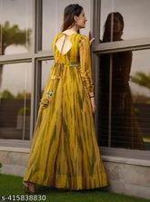 Georgette printed V-neck ankle length gown with belt, long sleeves - ideal for women's western wear, formal events, or summer occasions