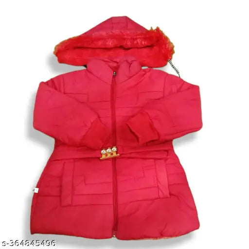 Nylon blend girls winter jacket - solid color, regular fit with full sleeves