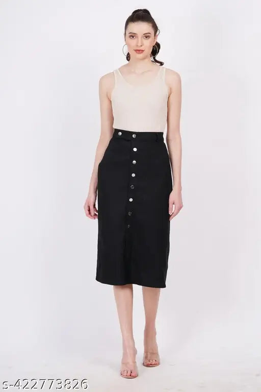 Solid navy blue denim midi skirt with side slit and elastic waist, perfect for informal occasions and flattering figure. Made from 100% pure cotton in India