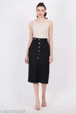 Solid navy blue denim midi skirt with side slit and elastic waist, perfect for informal occasions and flattering figure. Made from 100% pure cotton in India