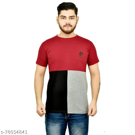 Soft cotton round neck t-shirt, half sleeve, colorblocked design. Breathable, comfortable, and relaxed fit for men's casual style. Made in India