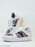 White synthetic PU printed detail sneakers for girls, stylish and comfortable footwear on display
