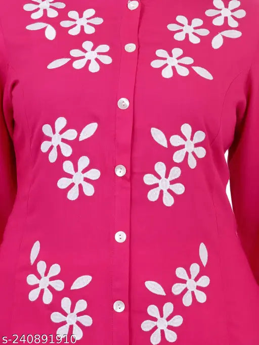 Pink rayon three-quarter sleeve women's partywear cotton solid kurti with embroidery work, perfect for festive occasions
