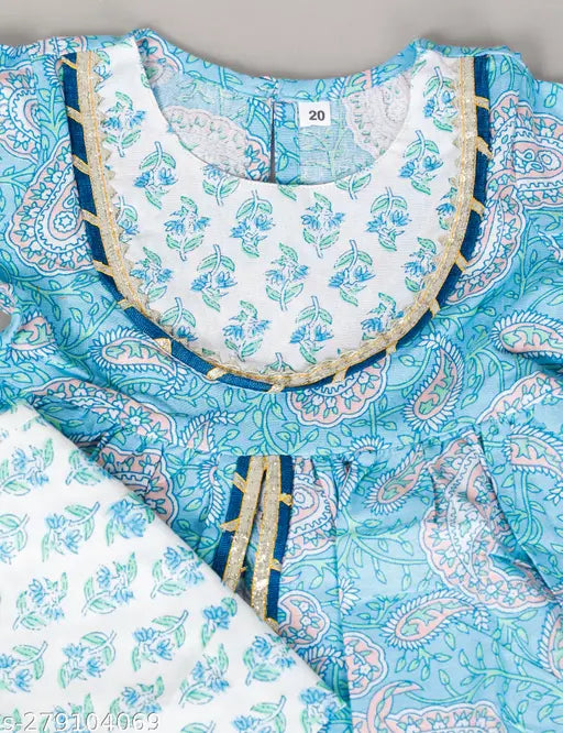 Blue Spack Jerrow floral printed kurti sharara set for baby girls. Vibrant cotton anarkali top with three-quarter sleeves and elastic sharara, featuring traditional gota patti and dori embellishments. Perfect ethnic wear for festivals like Diwali, Janmashtami, Rakhi, etc