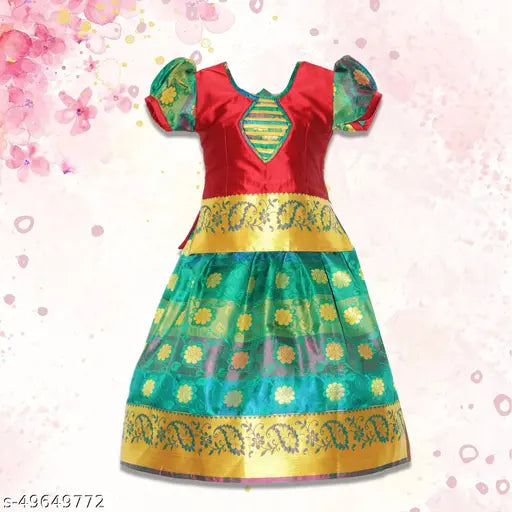 Fabulous kids girls Lavanya Pattu Pavada lehenga choli in cotton silk and net, printed with block stitch patterns. Indian traditional and fancy lehenga-choli for sizes 6-8 years