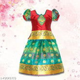 Fabulous kids girls Lavanya Pattu Pavada lehenga choli in cotton silk and net, printed with block stitch patterns. Indian traditional and fancy lehenga-choli for sizes 6-8 years