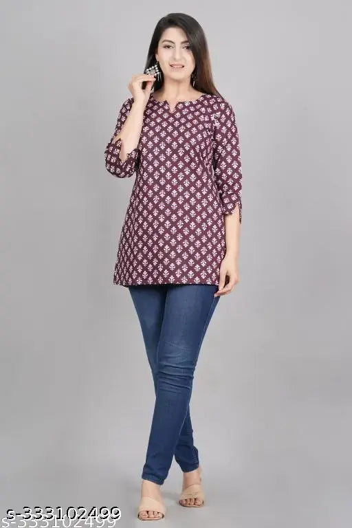 Women's cotton three-quarter sleeve printed short kurti, jaipuri style, Indian craftsmanship - XS, S, M, L, XL, XXL