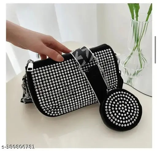 Mini rhinestone decor square bag with coin purse, synthetic, 3 compartments, solid net, ideal for women/girls (9in x 6in x 3in) - stylish, functional, and compact accessory for organizing loose change
