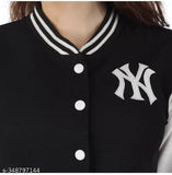 Black fleece crop NY bomber jacket for women, XS (32in bust, 18in length), India