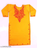 Trendy mustard woolen winter kurti with embroidered detailing and three-quarter sleeves, premium quality Indian handcraft