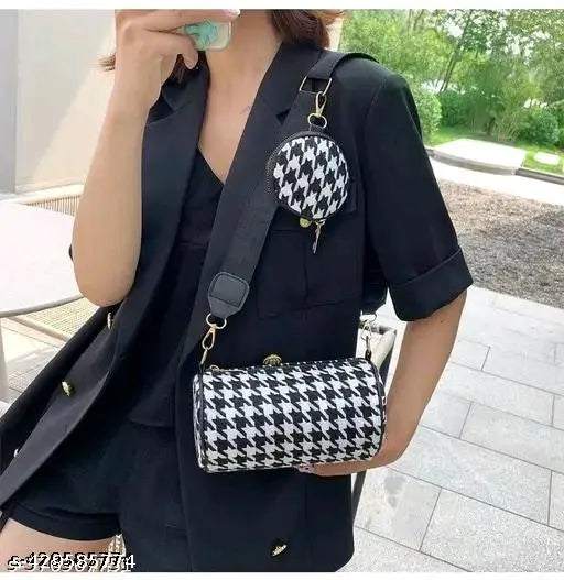 Black & White Checkered PU Sling Bag Pack of 2 - Stylish free-size bags with one compartment, ideal for any outfit, originating from India