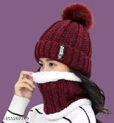 Maroon wool cap set, cozy women's solid maroon knit for stylish comfort, premium quality, China-made