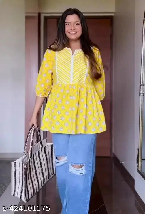Yellow rayon short kurti, three-quarter sleeves, printed pattern for summer women's top (S: bust 36in, M: bust 38in, L: bust 40in, XL: bust 42in)
