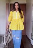 Yellow rayon short kurti, three-quarter sleeves, printed pattern for summer women's top (S: bust 36in, M: bust 38in, L: bust 40in, XL: bust 42in)