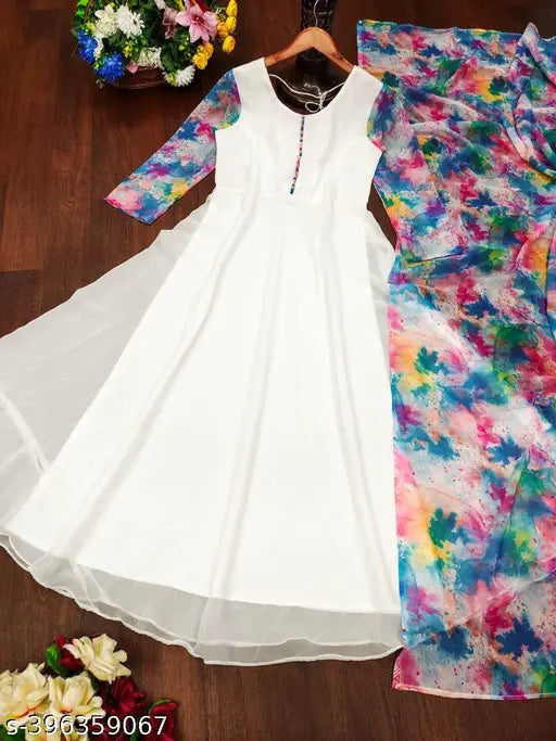 Georgette printed gown duppatta set, three-quarter sleeve, Indian ethnic wear