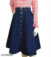 Stretchable denim Codaisy blue knee-length Western skirt for women, sizes 26-44, made in India