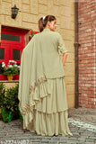 Light green faux Georgette semi-stitched top with unstitched santoon bottom, embroidered flared dress gown (India)