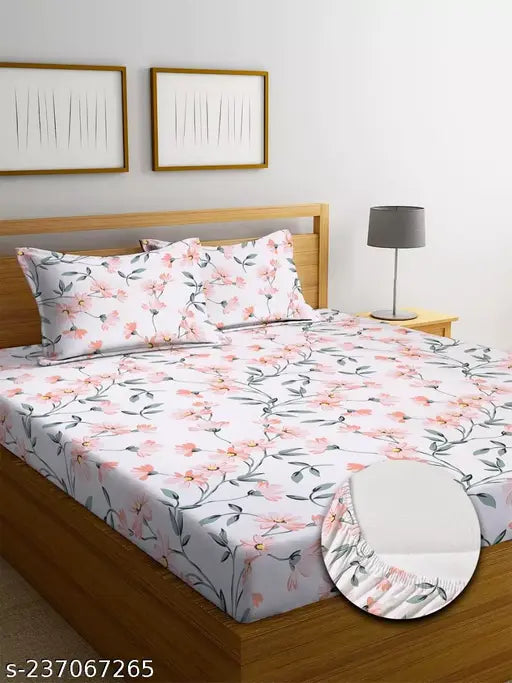 White premium cotton floral print king size fitted bedsheet set with 2 pillow covers, super soft and elegant