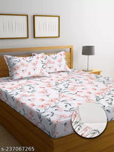 White premium cotton floral print king size fitted bedsheet set with 2 pillow covers, super soft and elegant