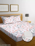 White premium cotton floral print king size fitted bedsheet set with 2 pillow covers, super soft and elegant