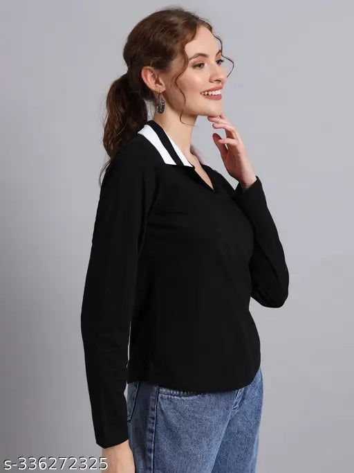 Solid black cotton long sleeve t-shirt, THE DRY STATE women's solid polo neck for India fashion