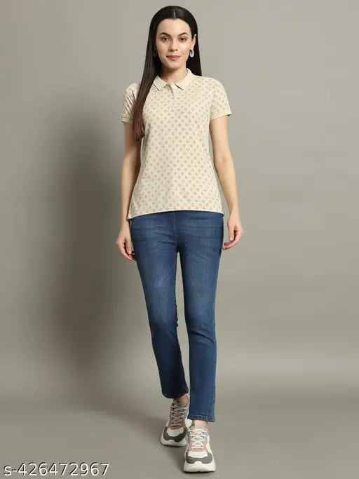 Women's printed cotton blend polo neck t-shirt with short sleeves, vibrant color