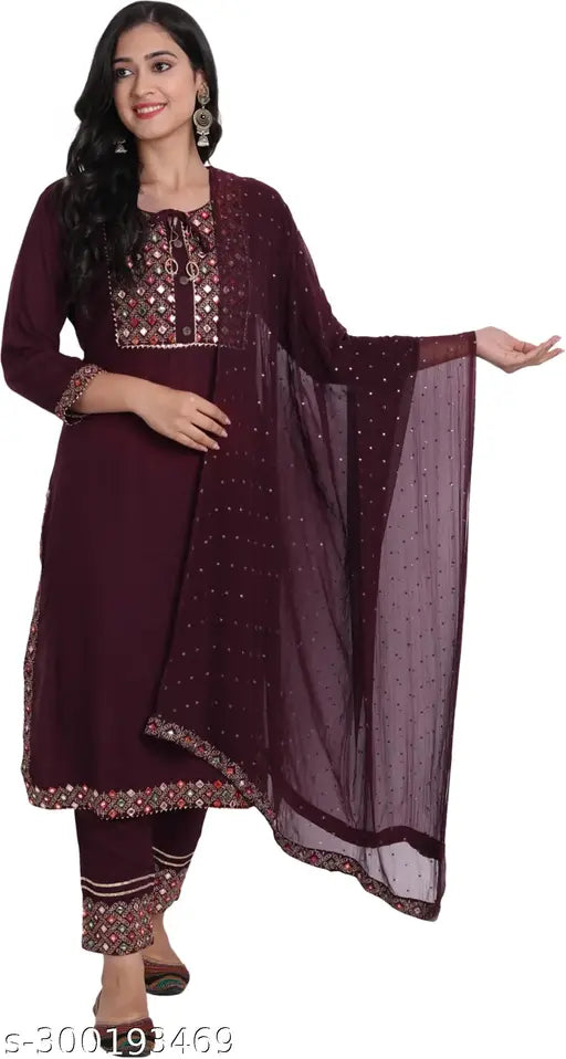 Rayon embroidered kurti pant set with dupatta and bottomwear, solid pattern, three-quarter sleeves, rayon fabric, perfect for any occasion