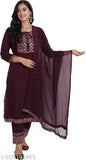 Rayon embroidered kurti pant set with dupatta and bottomwear, solid pattern, three-quarter sleeves, rayon fabric, perfect for any occasion