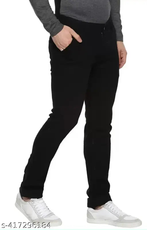 Black branded slim fit jeans for men, cotton, solid pattern, modern and trendy look, mid-rise. Size 28, 30, or 32 (Waist 28/30/32, Hip 35/37/39, Length 40 in). Made in India