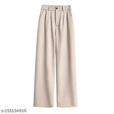 Beige cotton blend pleated button pants for office wear - back to office style