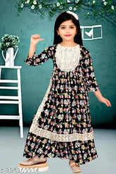 Modern girls cotton blend kurta palazzo set, A-line print style for kids aged 4-12 years, ethnic Indian dress for girls with three-quarter sleeves