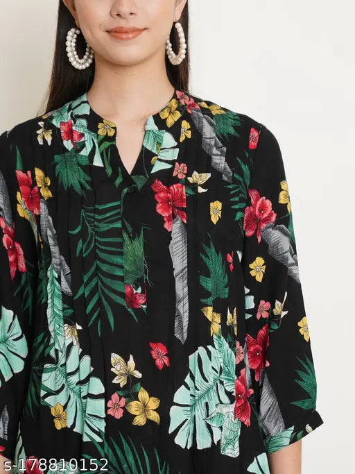 Black viscose rayon longline top, women's mandarin collar with leaf print, three-quarter sleeves, plus size clothing from India