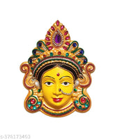 Yellow plastic figurine of Goddess Mahalakshmi Mata's face for prosperity and worship, approximately 6 x 5 x 1.5 inches, 150 grams