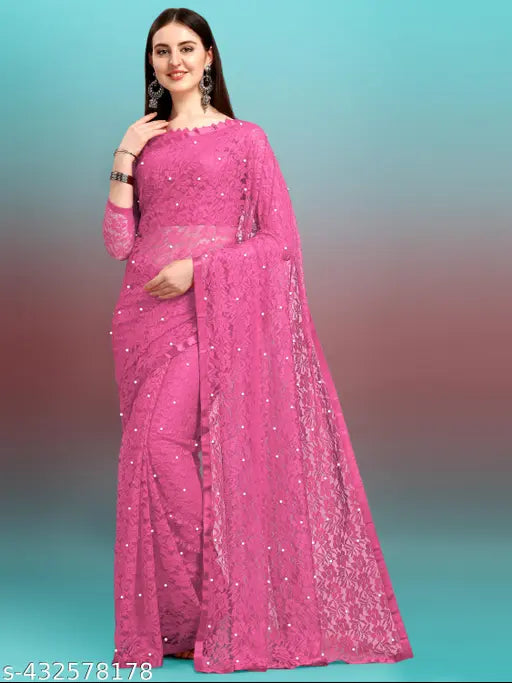 Indian embroidered net saree and running blouse ensemble, free size, 5.5m length