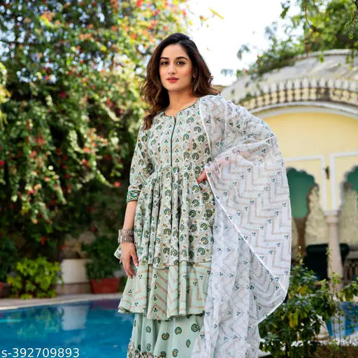 Cotton Vidusha Anarkali Sharara Dupatta Set with three-quarter sleeves, pack of 3 sizes S-XXL, Indian designer printed net outfit on display