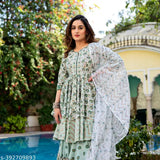 Cotton Vidusha Anarkali Sharara Dupatta Set with three-quarter sleeves, pack of 3 sizes S-XXL, Indian designer printed net outfit on display