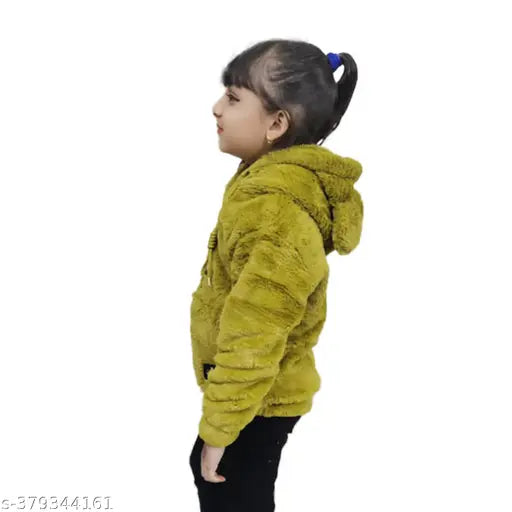 KANIKA kids girls faux fur hooded sweatshirt, polyester self-design print, cozy winter wear with long sleeves and front pockets