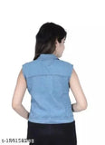 Denim half-sleeve jacket, stylish women's solid net sleeveless jacket. Size S for bust 34in and length 19in, made in India." (118 characters)