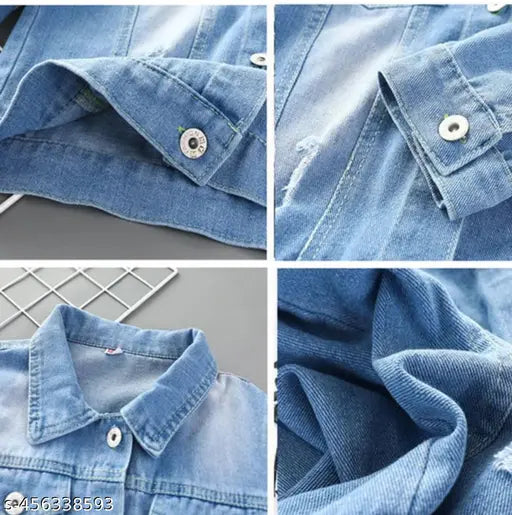 Blue denim baby jacket, long sleeves, printed pattern for girls (ages 3-8), Indian origin