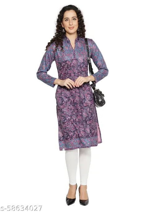 Blue wool A-line printed kurti with long sleeves, premium quality and versatile styling for women, ideal for work, home, parties, vacations, and more. Made in India