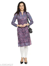 Blue wool A-line printed kurti with long sleeves, premium quality and versatile styling for women, ideal for work, home, parties, vacations, and more. Made in India