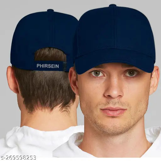 Cotton black and dark blue baseball caps, adjustable unisex design by Phirsein - perfect for summer or beach