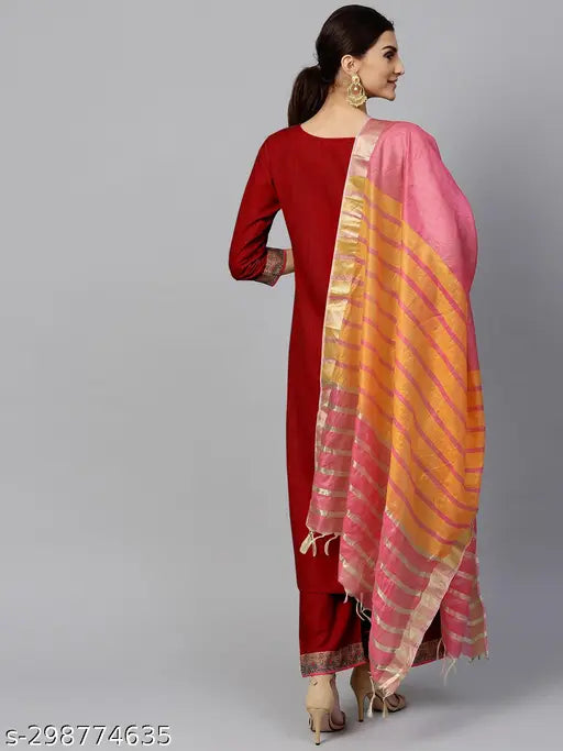 Maroon cotton kurti set for women, solid net palazzo bottoms with three-quarter sleeves. Pack of 3 sizes: XS, M, L, XL, XXL. Made in India